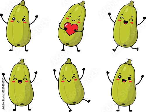 Cute zucchini cartoon character set with happy faces and dancing poses including one holding a red heart isolated on white background for healthy food design.