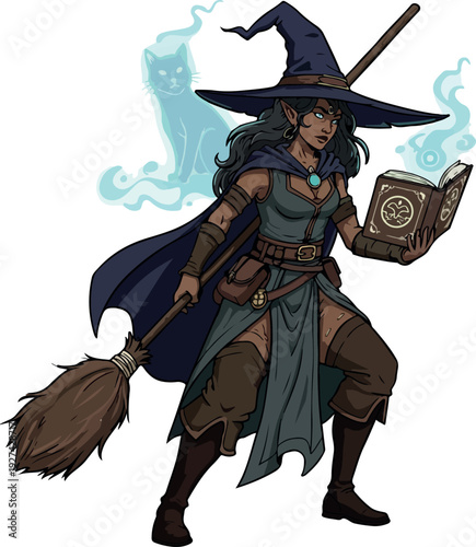 Mysterious Witch with Ghost Cat and Broomstick Holding Spellbook