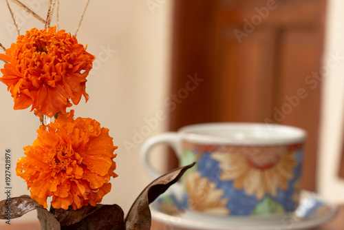 Simple Marigold Table Decoration with Tea Cup – Cozy Natural Lifestyle