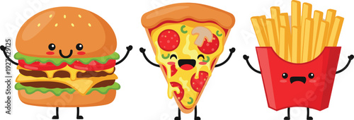 Cute fast food cartoon character set with happy burger pizza slice and french fries isolated on white background for restaurant cafe menu and kids design.