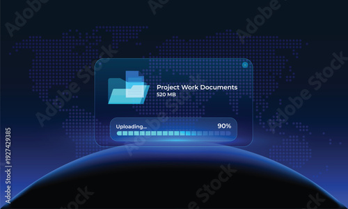 Open browser with progress message, folder icon, and document in transfer. User interface window with glassmorphism showing the file transfer process. Suitable for UX, UI, file management, Data