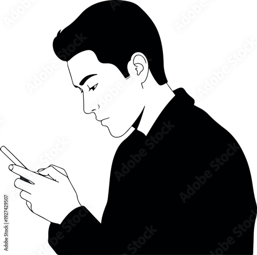 Minimalist Vector Man Using Smartphone Black Silhouette Isolated Object