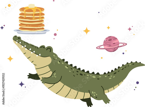 Pixel Art Alligator Floating With Pancakes In Colorful Galaxy