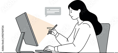 Minimalist Woman Works On Computer With Stylus Light Glow Flat Design
