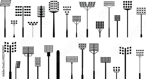 Stadium floodlight tower silhouette collection vector illustration set with sports arena lighting poles isolated on white background for design