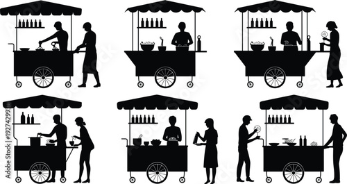 Street food cart vendor silhouettes set showing mobile food stall sellers customers urban market cooking service icons black vector illustration