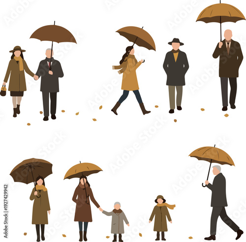 People Walking Umbrellas Autumn Season Flat Design Vector Illustration