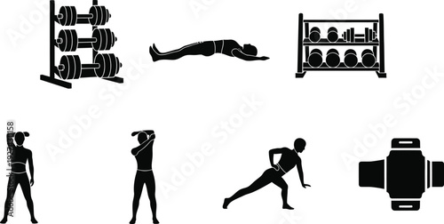 Fitness and gym equipment silhouette icon set featuring dumbbell racks, workout stretching poses, and weightlifting gear for health and wellness apps, web design, and sports marketing