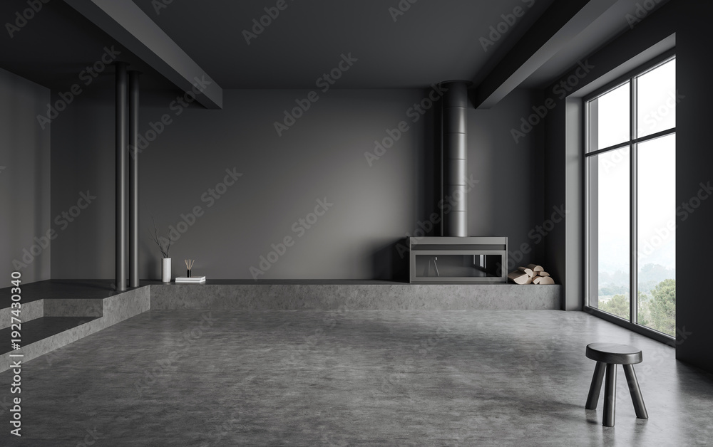 Fototapeta premium Modern interior room with fireplace in minimal style on neutral background, concept of contemporary design interior, 3D Rendering