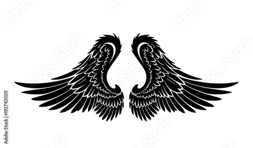 Decorative black angel wings silhouette vector emblem isolated on white