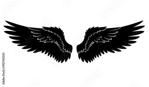 Black angel wings silhouette vector illustration symmetrical design isolated on white