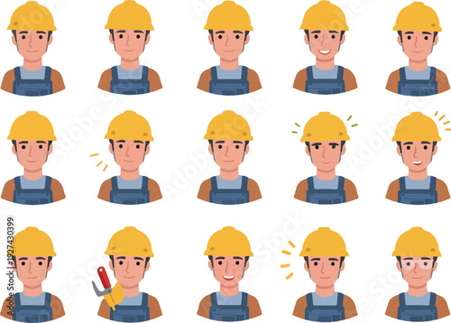 Pixel Art Builder Avatar Set Yellow Hard Hat Blue Overalls Different Emotions