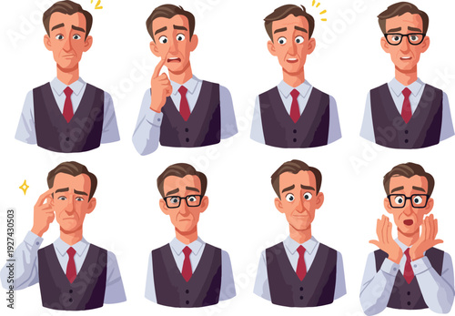 Pixel Art Business Man Emotions Set Blue Vest Red Tie White Shirt