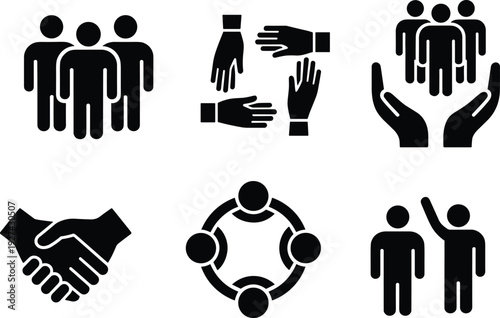 Teamwork and community collaboration icons set showing people support cooperation partnership unity networking volunteering leadership trust social connection diversity inclusion group relationships