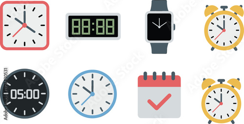 Time management icons vector set with analog digital clocks smartwatch alarm clock and calendar symbols isolated for app interface design