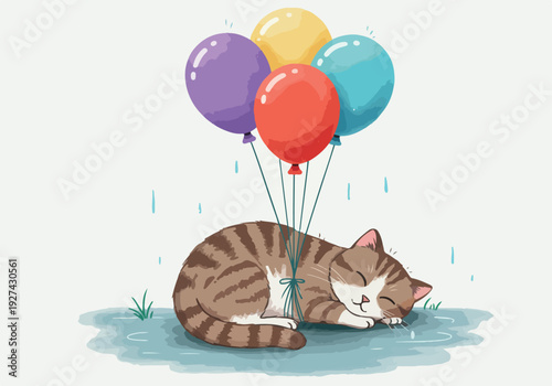 Pixel Art Cat Sleeping Under Colorful Balloons on White Background