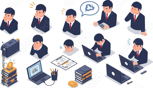 Pixel Art Businessman Poses Diverse Activities Office Scene