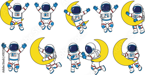 Cute astronaut cartoon character set with various poses floating in space and sitting on yellow crescent moon isolated on white background for kids design.