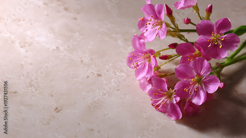 A beautiful collection of vibrant pink flowers rests gently on a marble surface, displaying a natural elegance