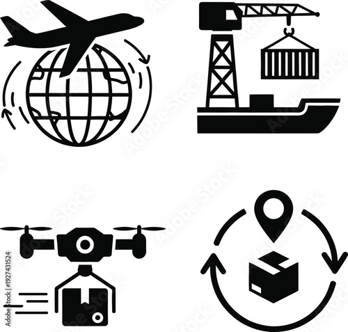 Logistics and shipping icon set with global air freight, maritime cargo ship, drone delivery, and package tracking for supply chain management, distribution, export import, and e-commerce
