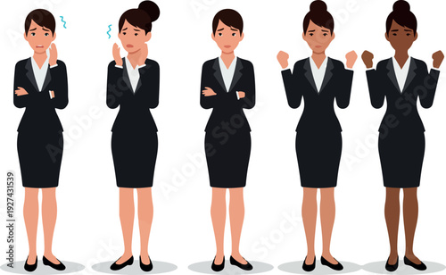 Pixel Art Businesswomen Diverse Emotions Poses Black Suits Flat Illustration