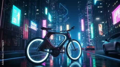 Futuristic Electric Bicycle in Cityscape at Night.