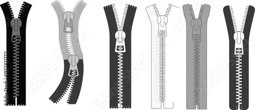 Zipper types vector illustration set with metal and plastic clothing fasteners isolated on white for sewing fashion design use projects tailoring apparel