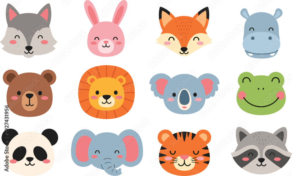Obraz premium Adorable wild animal face collection featuring lion panda elephant fox and koala avatars, cute zoo animal head stickers for kids.