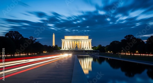 A long exposure photo of the Lincoln Memorial at dusk