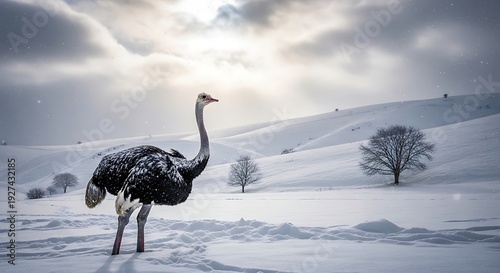 A lone ostrich stands in a snowy landscape