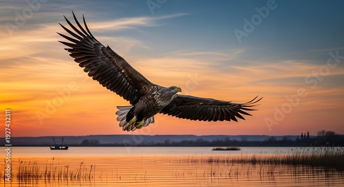A majestic bird soars over a serene lake at sunset