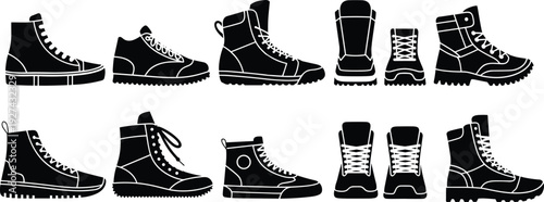 Black boot silhouettes collection vector illustration set with lace up leather footwear isolated on white background for fashion design