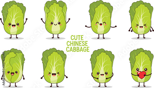 Adorable Chinese cabbage character set with various expressions and heart, cute napa cabbage mascots for healthy food stickers and vegan graphic design.