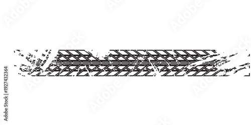 Grunge tire track, wheel braking marks. Truck, car or motorcycle tread pattern silhouette. Auto race, motorsport, speed racing design element. Vector illustration