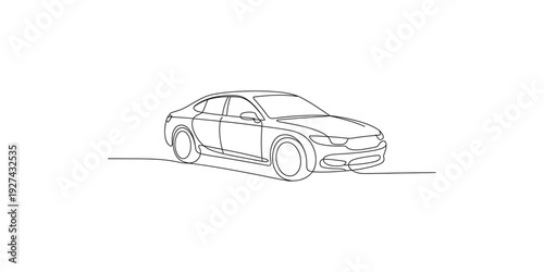 A simple line art illustration of a modern sedan car against a clean white background