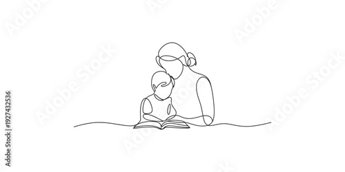 A continuous line art drawing of a mother and child reading together, symbolizing care and education.