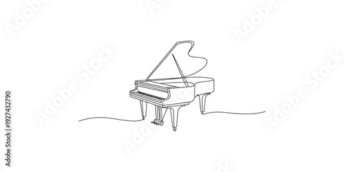 A simple black and white line art drawing of a grand piano on a plain white background