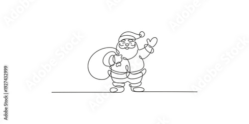 A simple black and white line art illustration of santa claus waving and holding a gift sack over his shoulder.