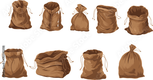 Brown burlap sack bags vector illustration set of rustic cloth storage pouches tied sacks isolated on white for packaging design