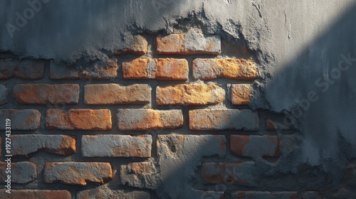 Detailed close-up view of aged brick wall with weathered texture, showcasing orange and gray tones, highlighting the natural beauty of rustic architecture and surfaces