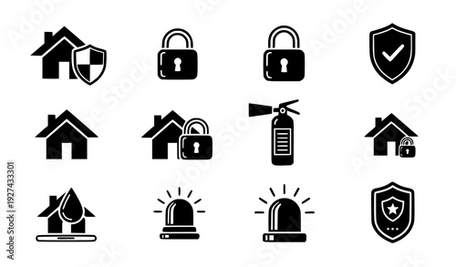 Home Insurance & Protection Icons – Black Silhouette Vector Set