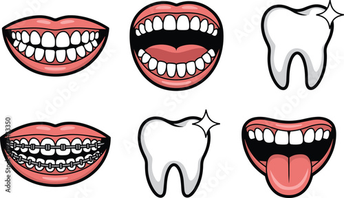 Cartoon mouth and shiny tooth vector illustration set with smiling lips braces dental care icons isolated on white background