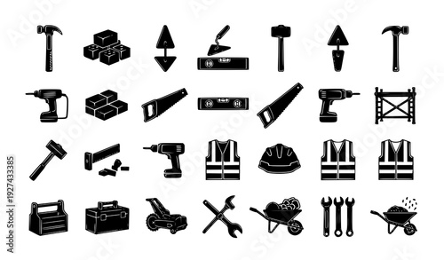Construction & Masonry Tools Icons – Black Vector Set for Engineering & Architecture