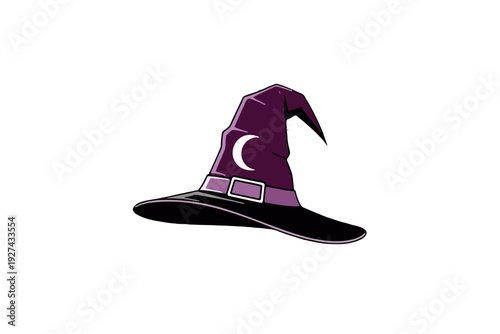 Purple witch hat with crescent moon symbol and belt isolated on white background.