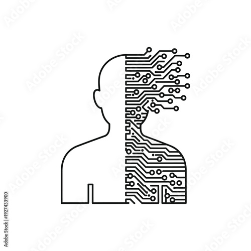 Abstract line art depicting a human head and shoulders filled with a circuit board design symbolizing artificial intelligence and technology