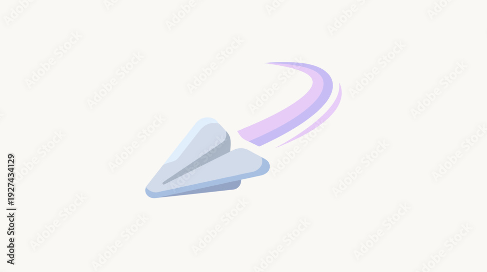 Fototapeta premium A simple light blue paper airplane gracefully soaring with a soft purple motion trail, symbolizing swift travel and imagination.