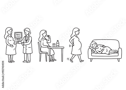 Pregnant woman experiencing various stages of maternity and health care routines