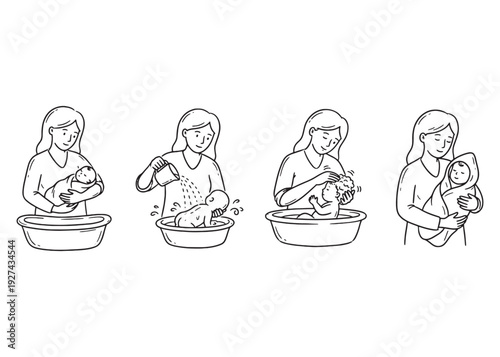 Mother bathing her newborn baby step by step process in small plastic wash tub
