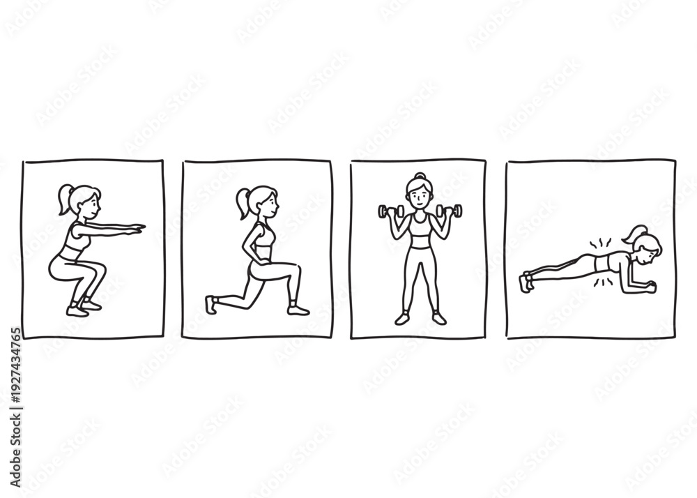 Fototapeta premium Workout poses set, illustration in doodle style, isolated on transparent background