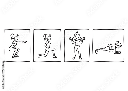Workout poses set, illustration in doodle style, isolated on transparent background